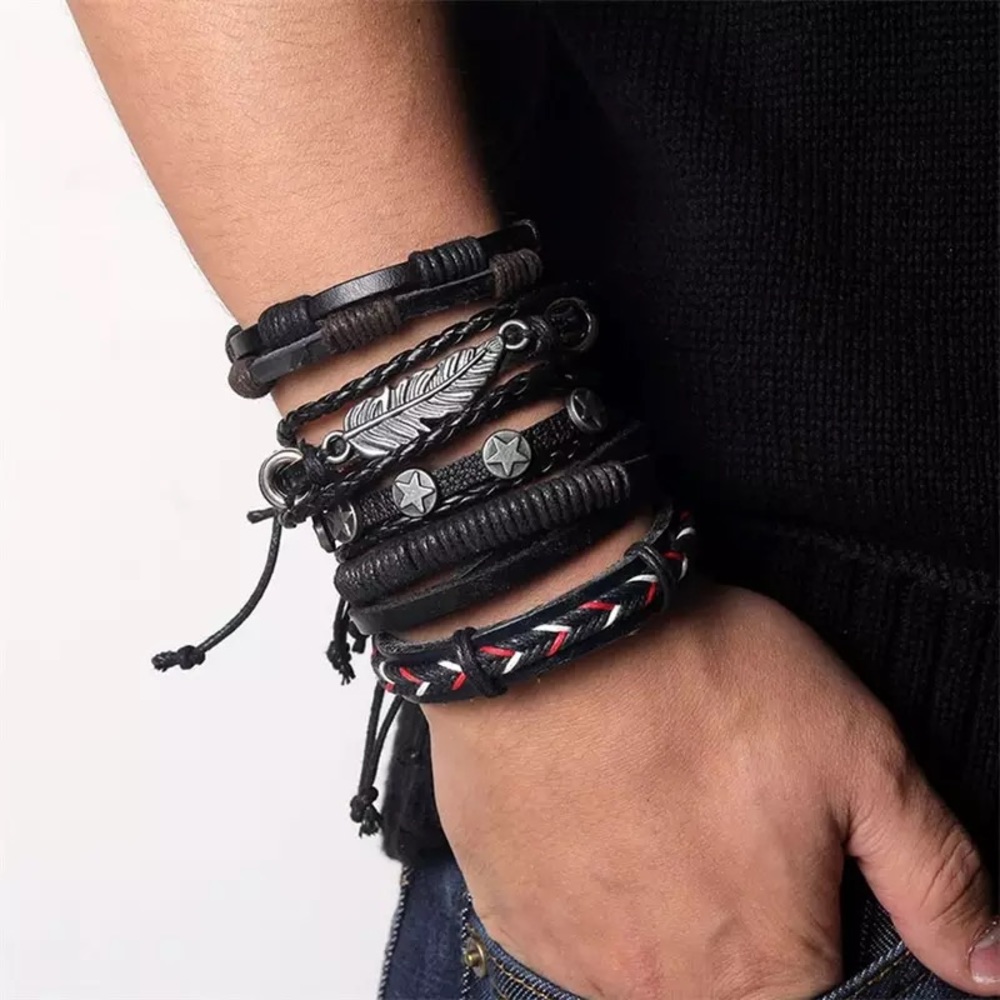 5 Pcs Set Punk Rock Feather Leather Braided Rope Bracelets